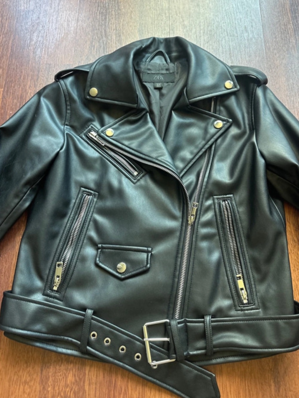 Zara Black Faux Leather Biker Jacket with Silver Hardware